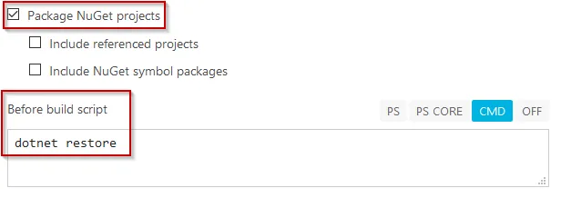 build configuration: build nuget packages, do dotnet restore pre build"