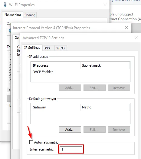 Windows network metric settings panel