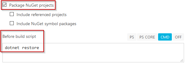 build configuration: build nuget packages, do dotnet restore pre build"