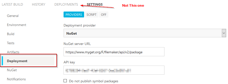 Deployment tab on the left as part of the build, not part of the AppVeyor project across the top.