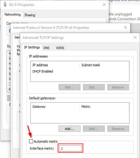 Windows network metric settings panel